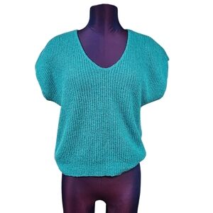Vintage Castle Square Aqua Chunky Knit Short Sleeve Sweater Size Medium M56‎